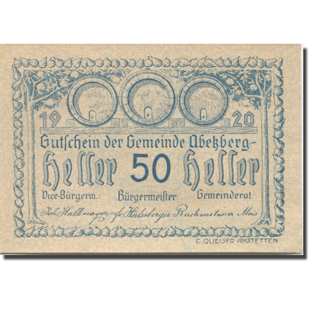 Banknote, Austria, Abetzberg, 50 Heller, fût, 1920 UNC(63) Mehl:FS 1aII