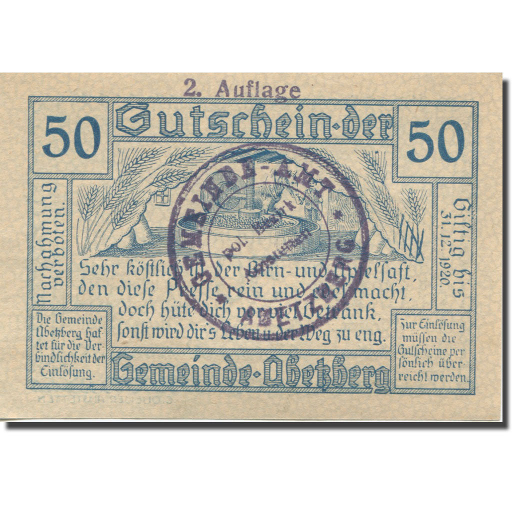 Banknote, Austria, Abetzberg, 50 Heller, fût, 1920 UNC(63) Mehl:FS 1aII