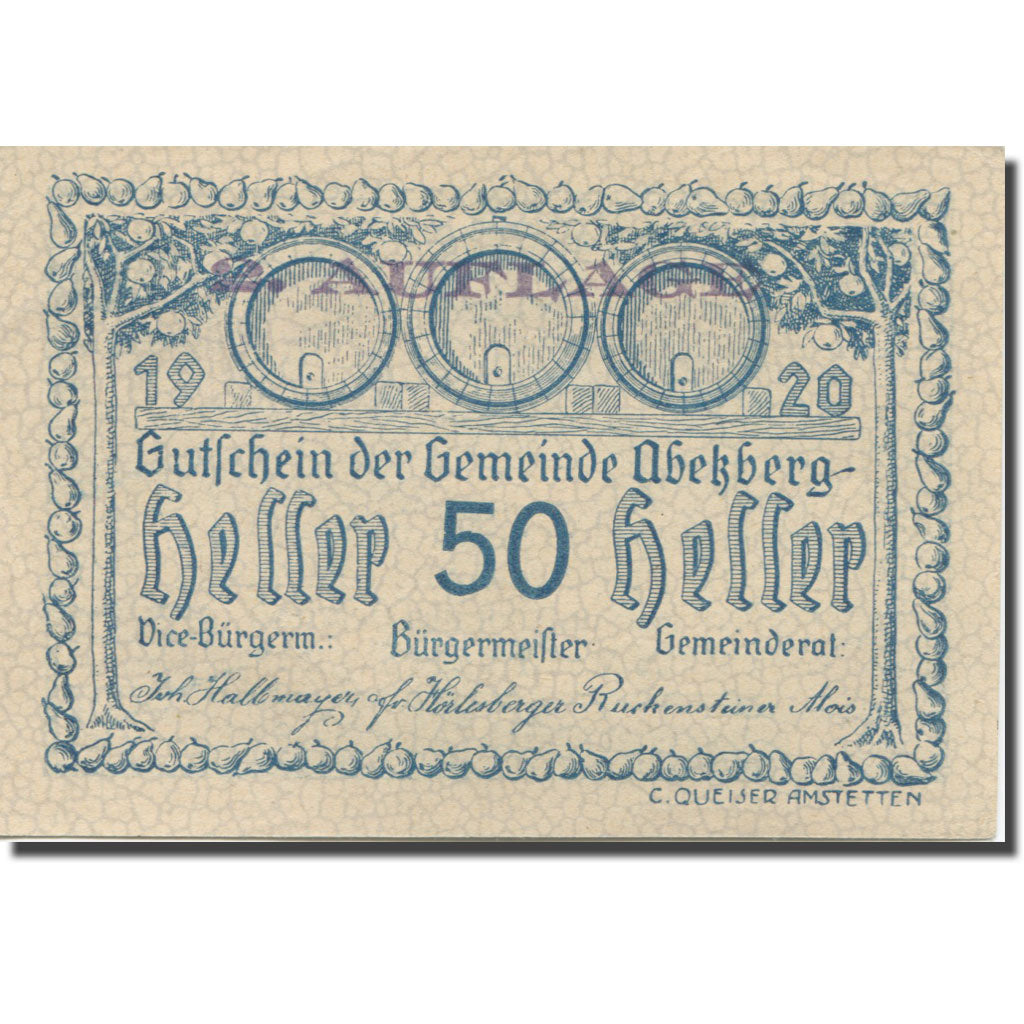 Nota, Áustria, Abetzberg, 50 Heller, fût 2, 1920-12-31, UNC(63) Mehl:FS 1aII