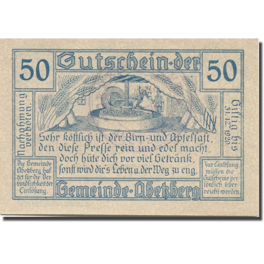 Nota, Áustria, Abetzberg, 50 Heller, fût 2, 1920-12-31, UNC(63) Mehl:FS 1aII