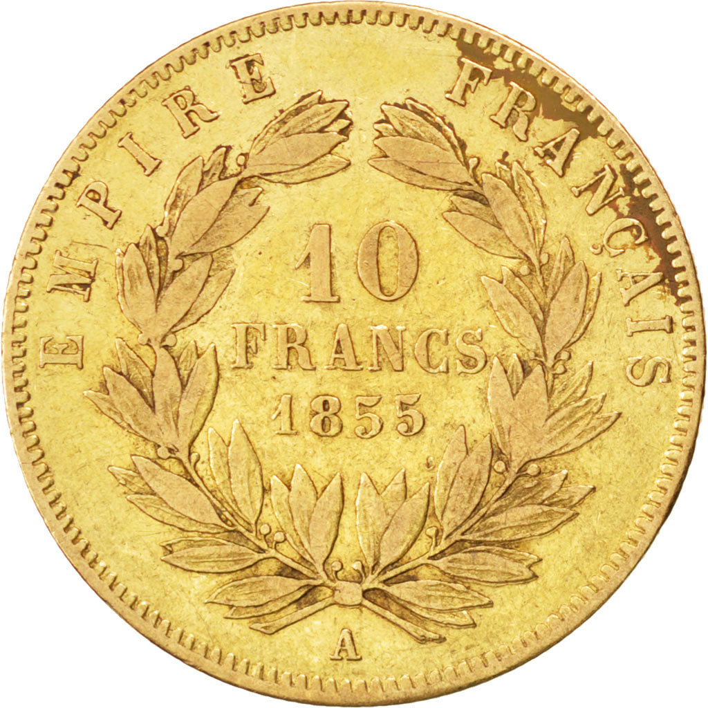 Francia, Napoleon III, Napoléon III, 10 Francs, 1855, Paris, MB+, Oro, KM:78...