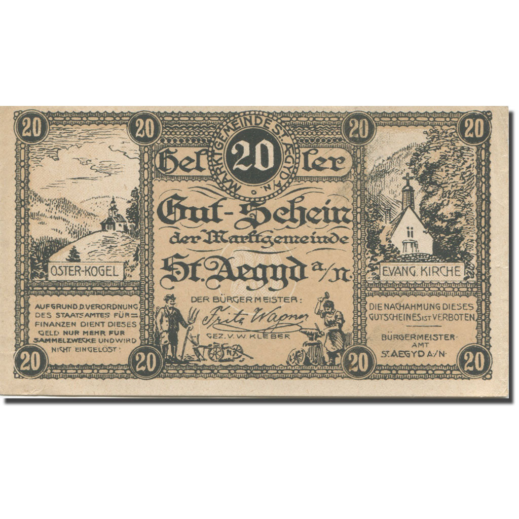 Banknote, Austria, Aegyd, 20 Heller, Eglise, 1920, AU(55-58), Mehl:FS 876a