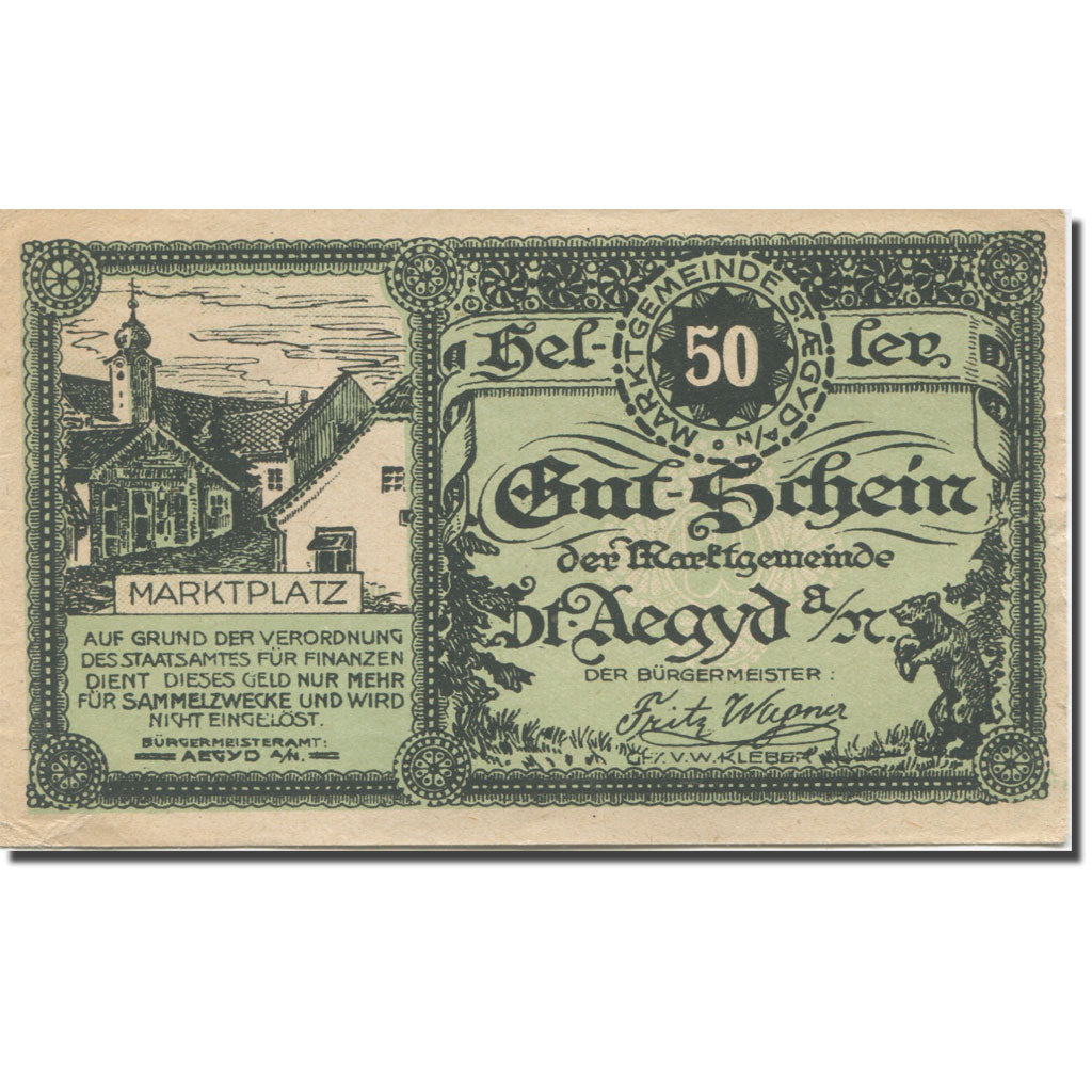 Banknote, Austria, Aegyd, 50 Heller, place, 1920, AU(55-58), Mehl:FS 876a