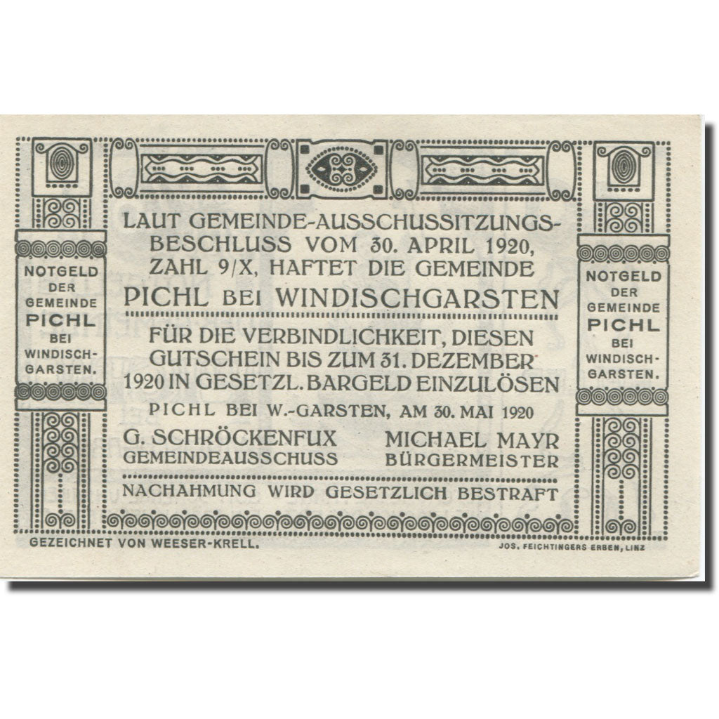 Banknote, Austria, Pichl, 40 Heller, forgeron, 1920, UNC(65-70), Mehl:FS 7481