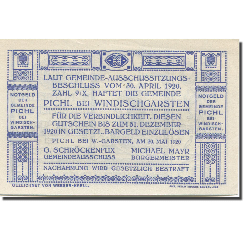 Banknote, Austria, Pichl, 40 Heller, forgeron 3, 1920, UNC(65-70), Mehl:FS 7481