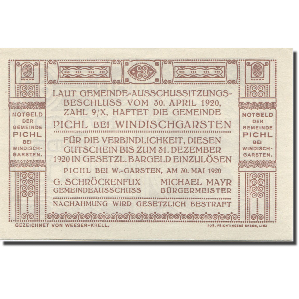 Banknote, Austria, Pichl, 60 Heller, paysage, 1920, UNC(63), Mehl:FS 7481