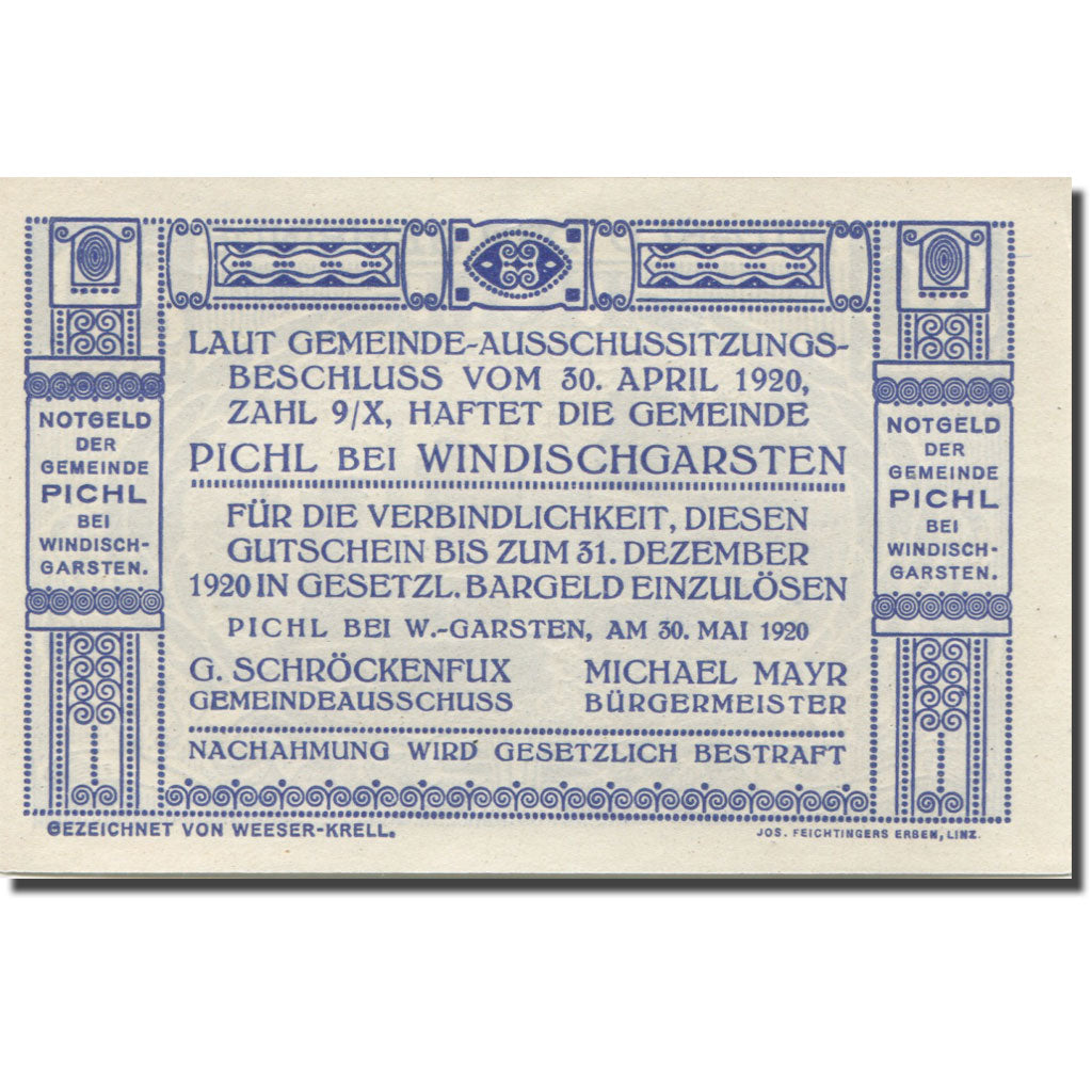 Banknote, Austria, Pichl, 80 Heller, forgeron 2, 1920, UNC(63), Mehl:FS 7481