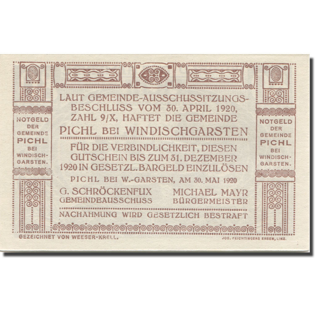 Banknote, Austria, Pichl, 80 Heller, forgeron 3, 1920, UNC(65-70), Mehl:FS 7481