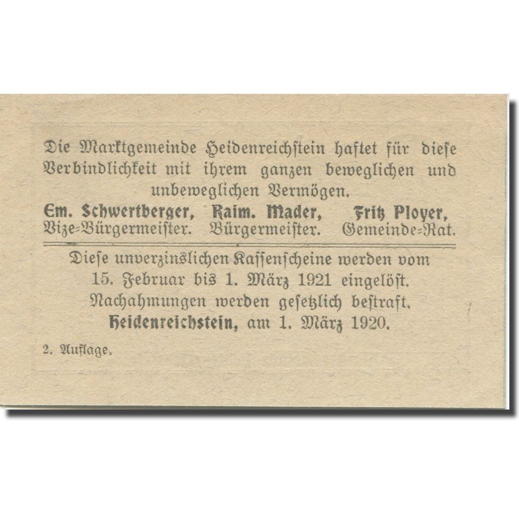 Banknote, Austria, Heidenreichstein 50Heller château 1920 UNC(63) Mehl:FS 360II