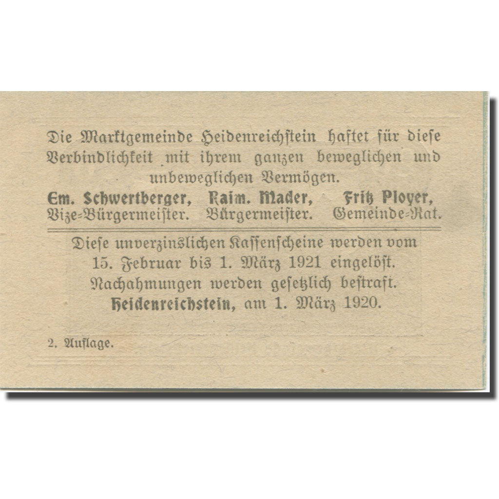 Geldschein, Österreich, Heidenreichstein, 20 Heller 1920 UNZ Mehl:FS 360II