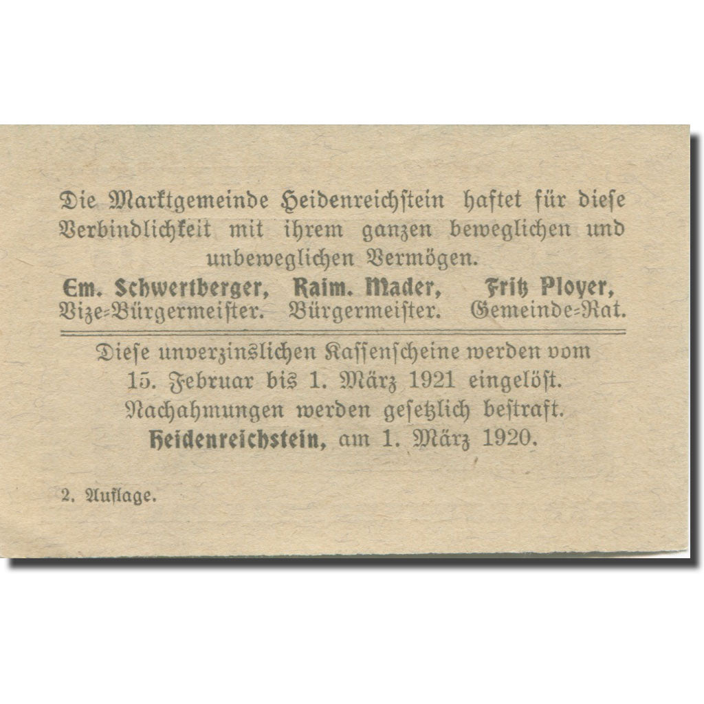 Banknote, Austria, Heidenreichstein, 10Heller Blason 1920 UNC(63) Mehl:FS 360IIa