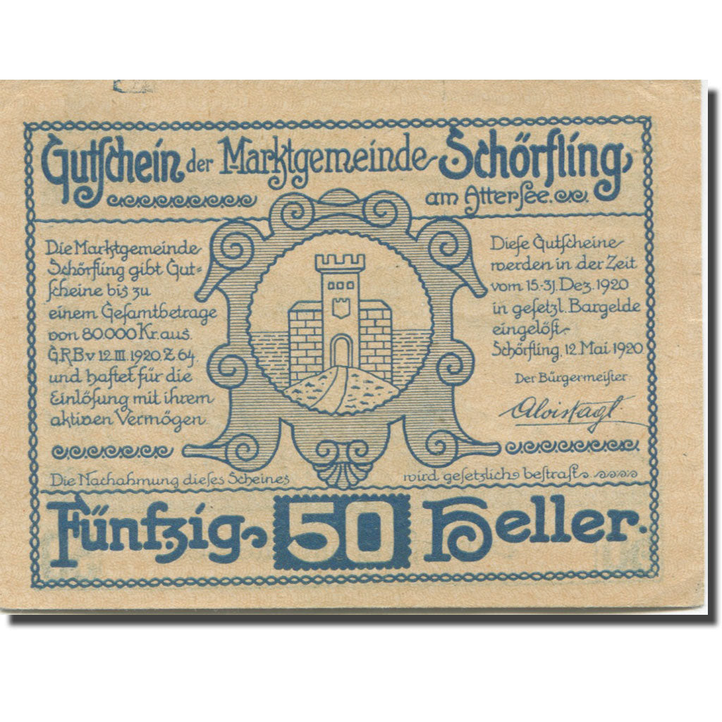 Banknote, Austria, Attersee, 50 Heller, château, 1920 AU(55-58) Mehl:FS 971a