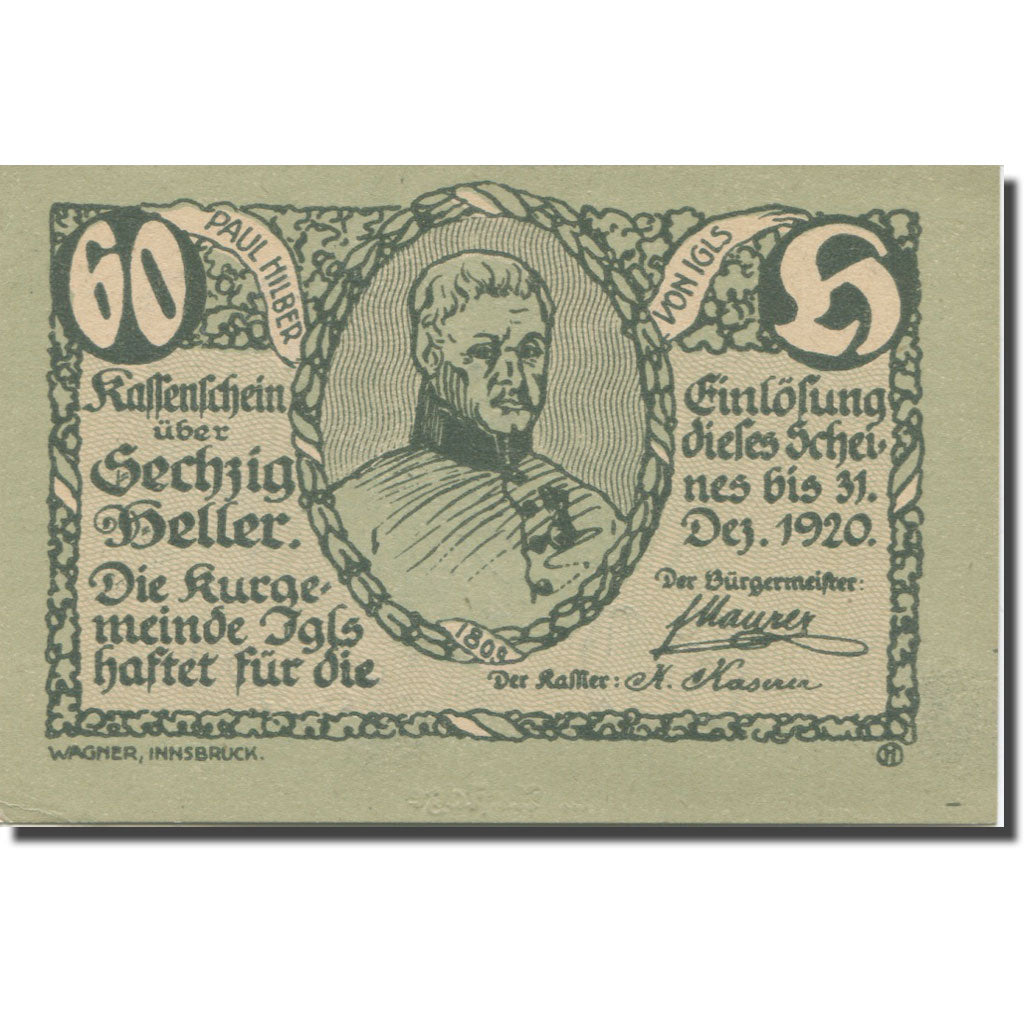 Banknote, Austria, Igls, 80 Heller, portrait 1, 1920 UNC(63) Mehl:FS 403SSb