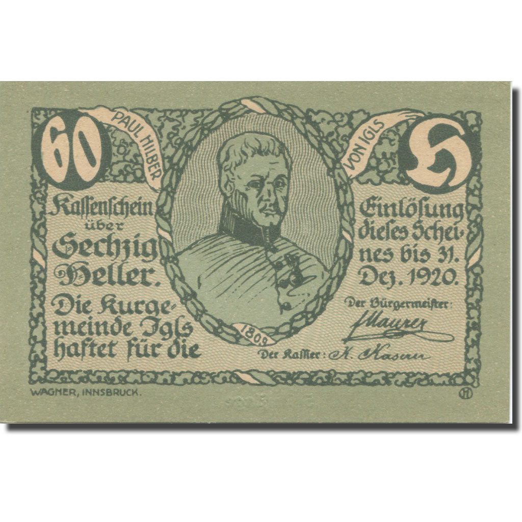 Banknote, Austria, Igls, 60 Heller, portrait 2, 1920 UNC(63) Mehl:FS 403SSb