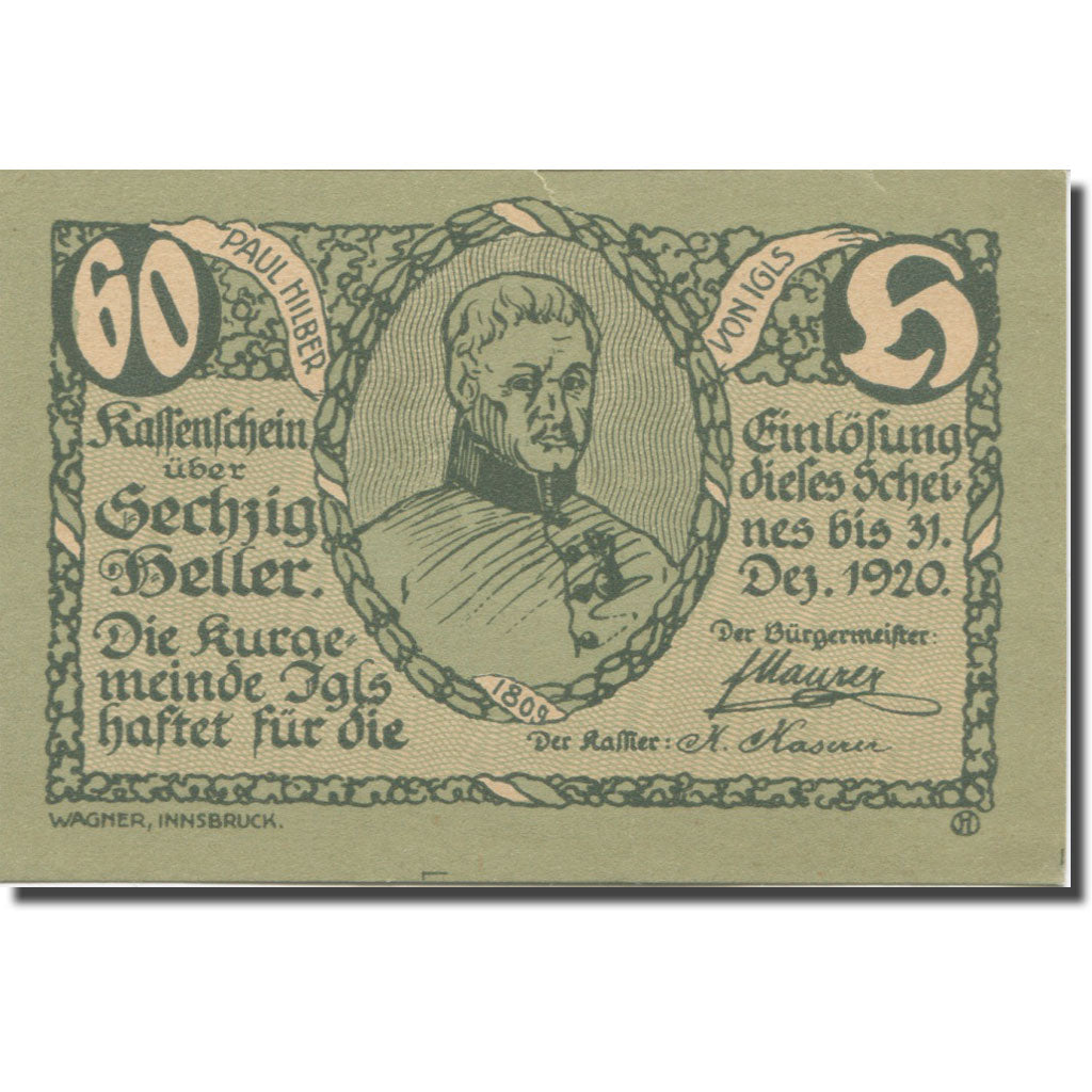 Banknote, Austria, Igls, 60 Heller, portrait 3, 1920 AU(55-58) Mehl:FS 403SSb