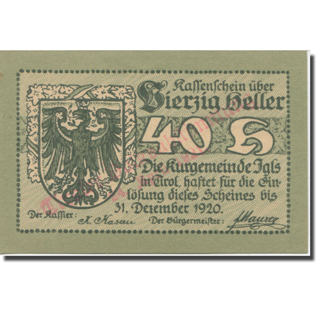 Banknote, Austria, Igls, 40 Heller, Blason, 1920 UNC(65-70) Mehl:FS 403SSb