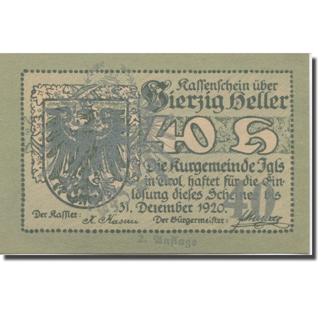 Banknote, Austria, Igls, 40 Heller, Blason 1, 1920 UNC(65-70) Mehl:FS 403SSb