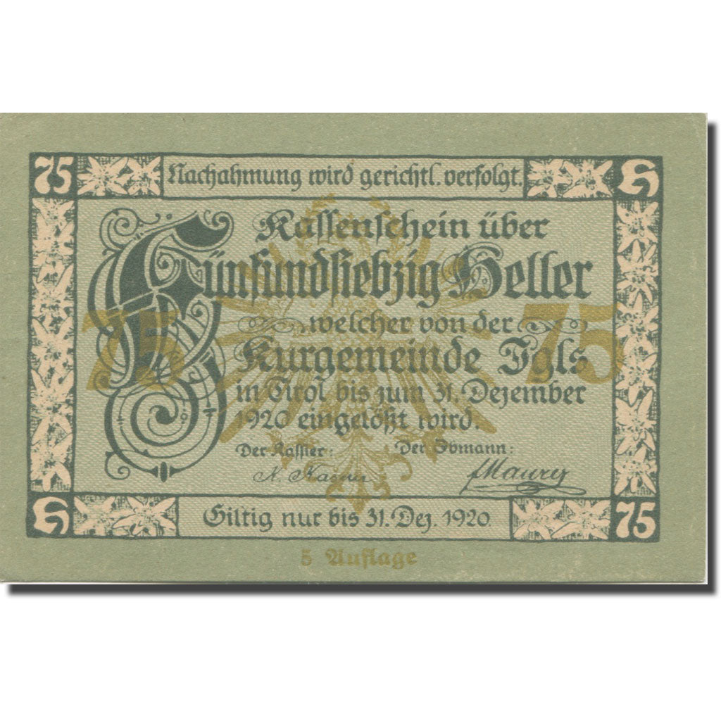 Banknote, Austria, Igls, 75 Heller, château, 1920 UNC(63), Mehl:FS 403SSe