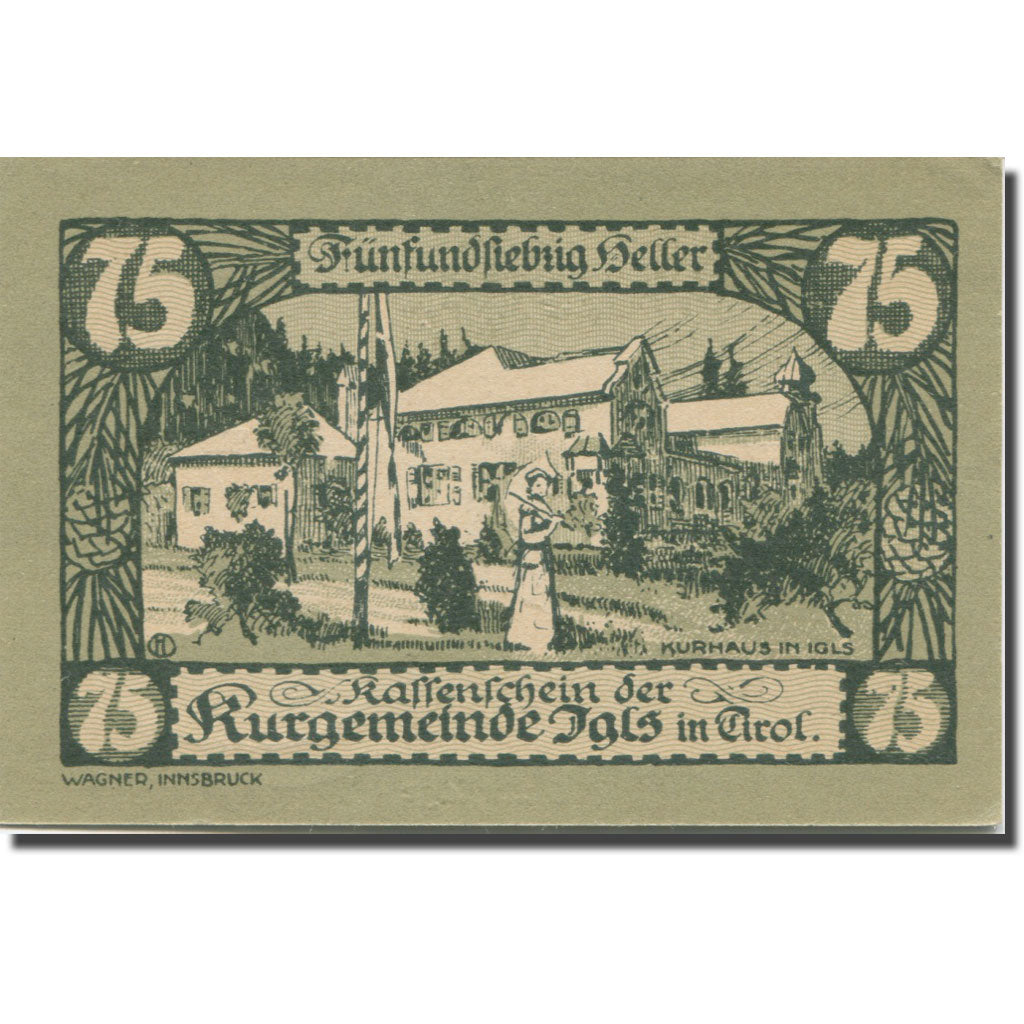 Banknote, Austria, Igls, 75 Heller, château, 1920 UNC(63), Mehl:FS 403SSe