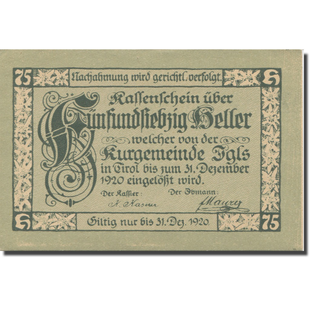 Banknote, Austria, Igls, 75 Heller, chateau 1, 1920 UNC(63) Mehl:FS 403SS