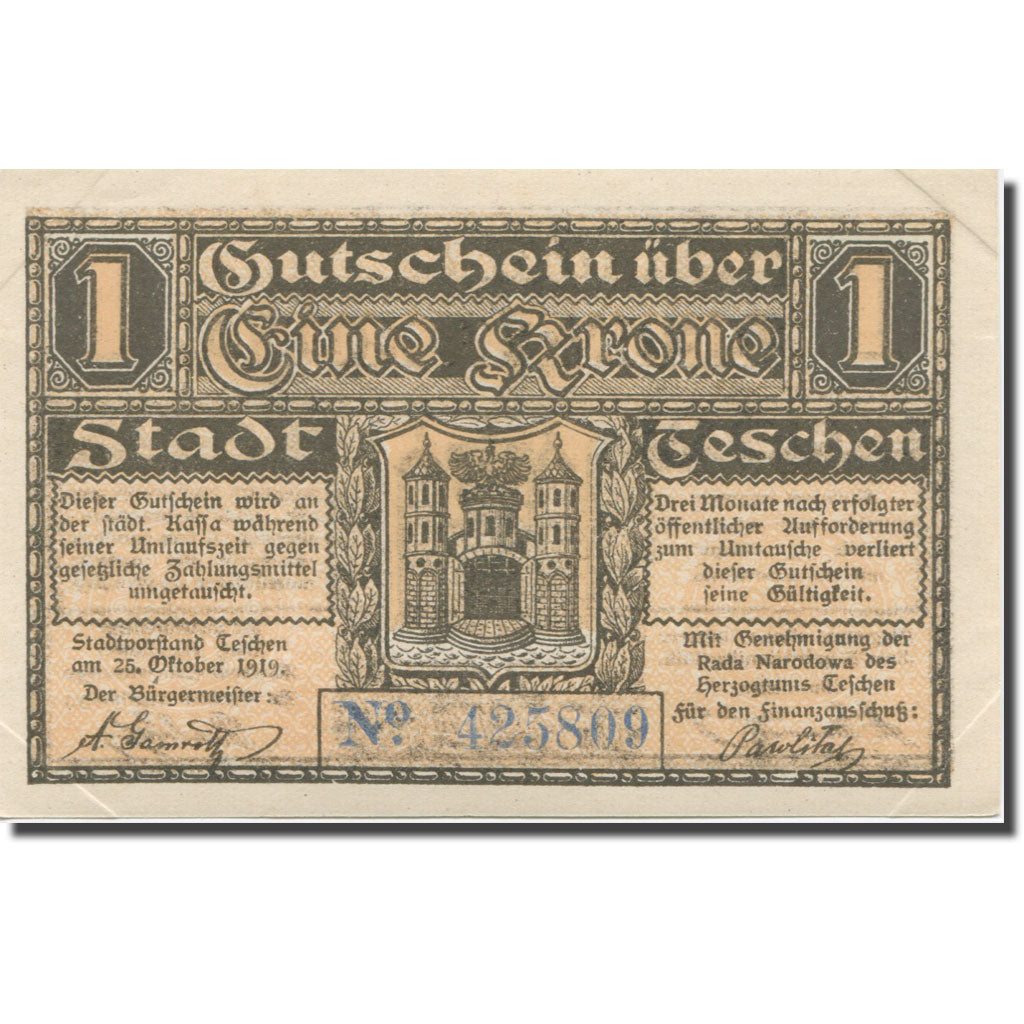 Banknote, Austria, Teschen, 1 Krone, château, 1919, 1919-10-25, UNC(63)