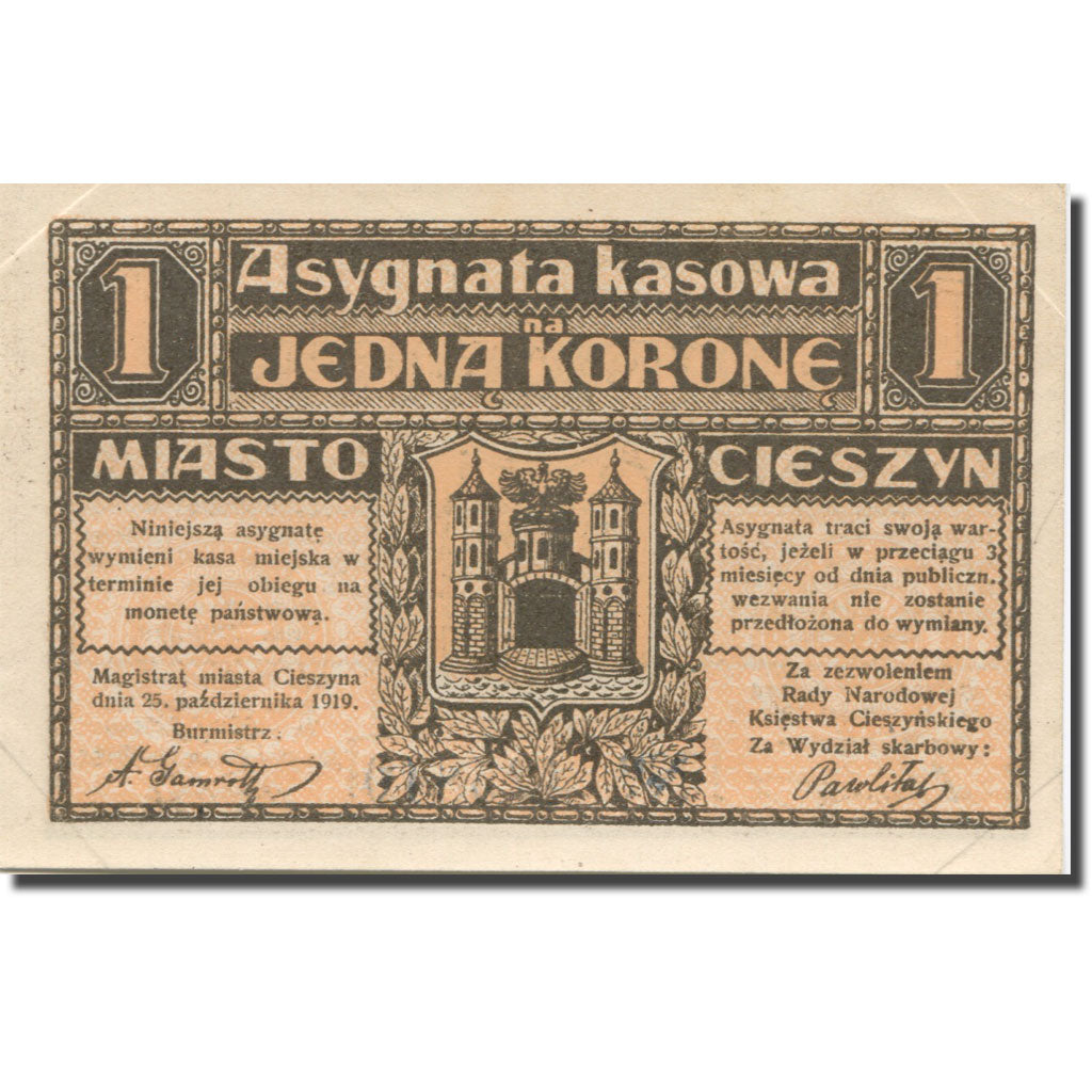 Banknote, Austria, Teschen, 1 Krone, château, 1919, 1919-10-25, UNC(63)