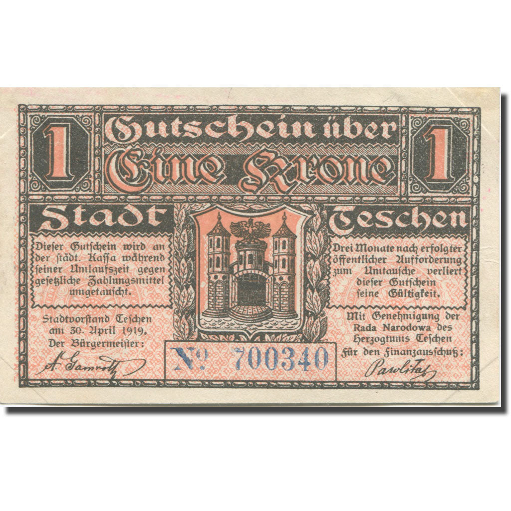 Nota, Áustria, Teschen, 1 Krone, château 1, 1919, 1919-04-30, AU(55-58)