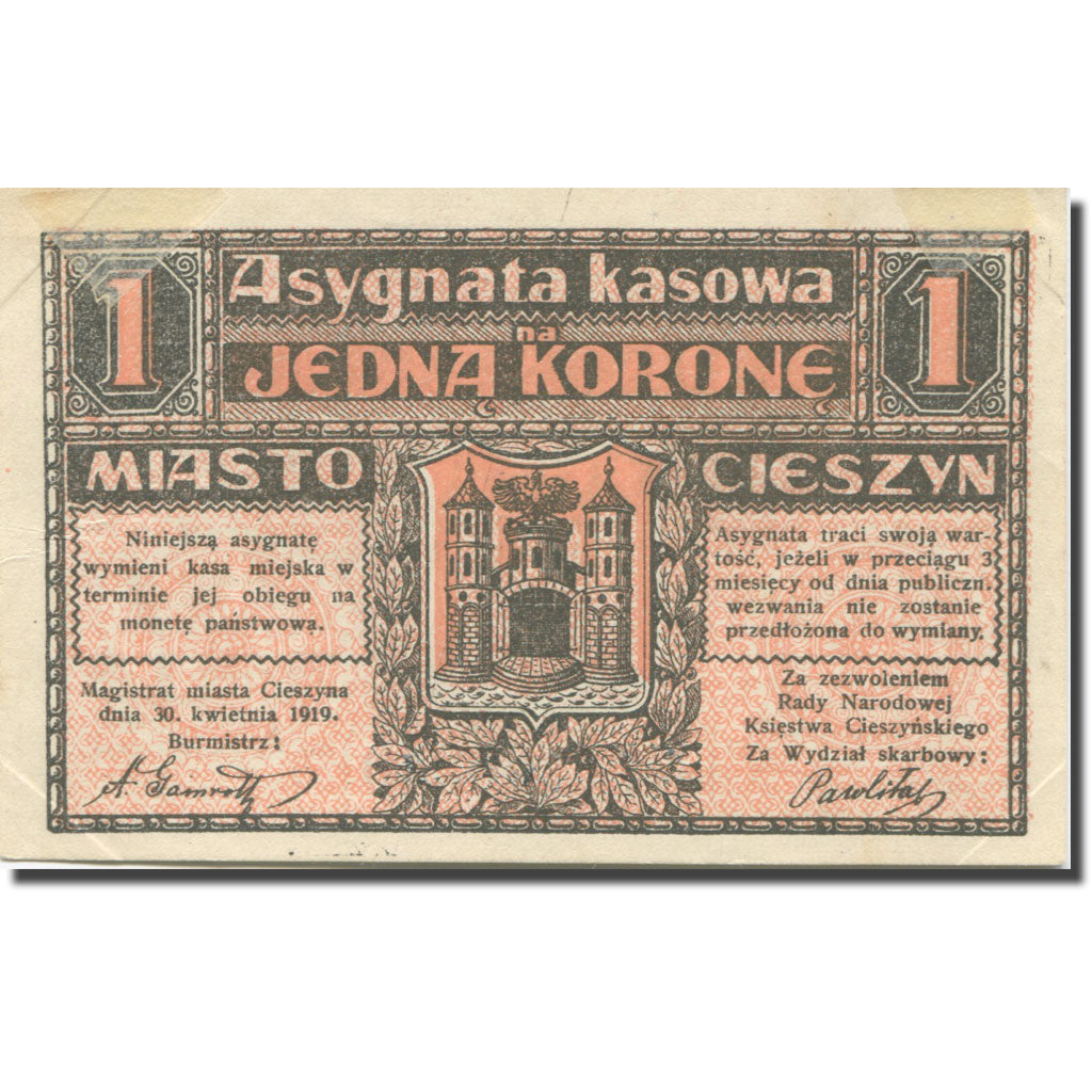 Nota, Áustria, Teschen, 1 Krone, château 1, 1919, 1919-04-30, AU(55-58)