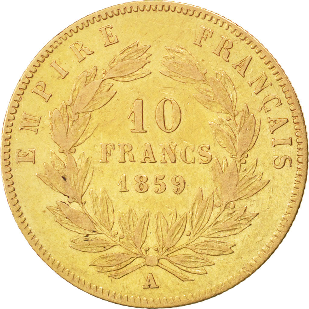 FRANCE, Napoléon III, 10 Francs, 1859, Paris, KM #784.3, VF(30-35), Gold, Gadour