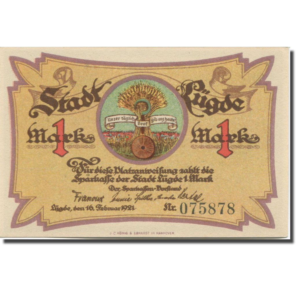 Banknote, Germany, Lugde, 1 Mark, blé, 1921, 1921-02-16, UNC(65-70), Mehl:838.1