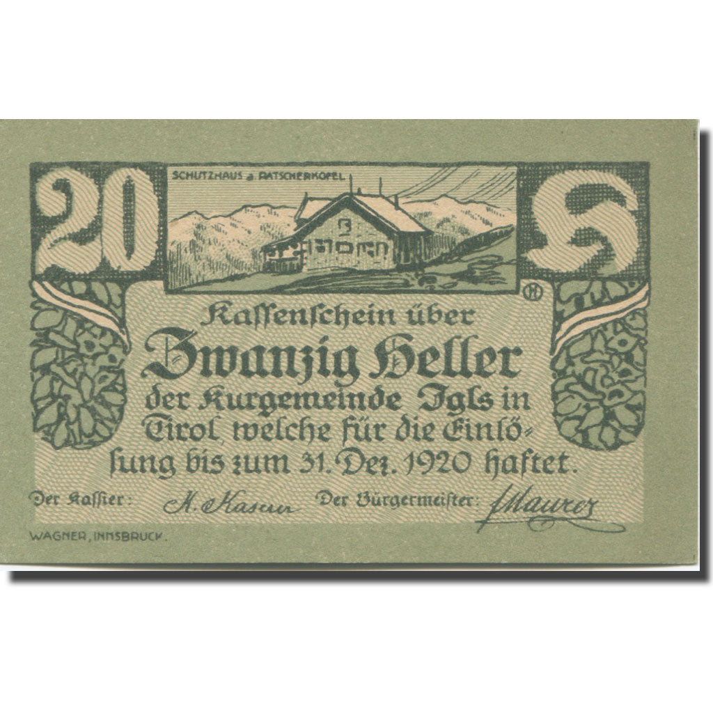 Banknote, Austria, Igls, 20 Heller, chalet, 1920, UNC(65-70) Mehl:FS 403