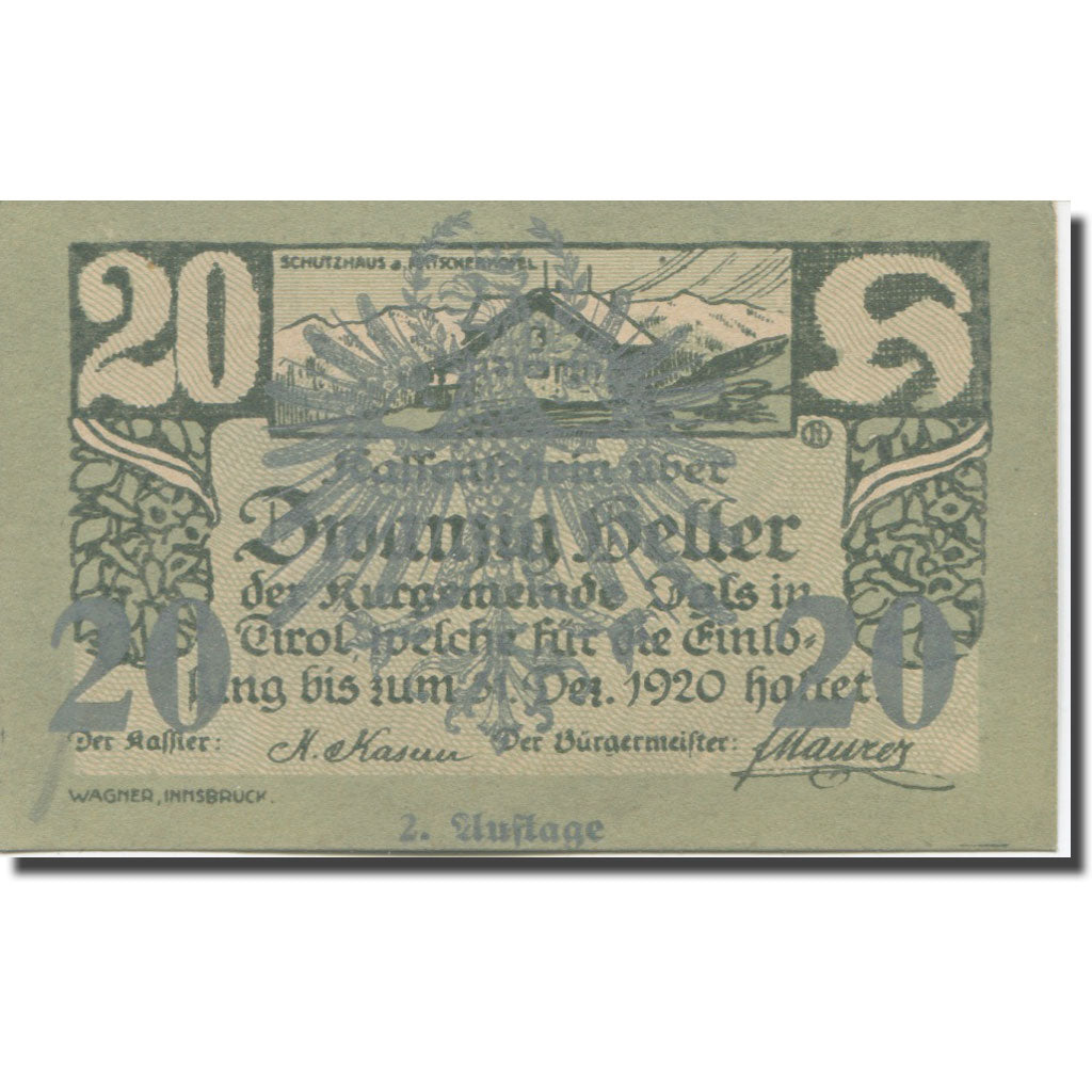 Banknote, Austria, Igls, 20 Heller, montagne, 1920 UNC(65-70)  Mehl:FS 403ssb
