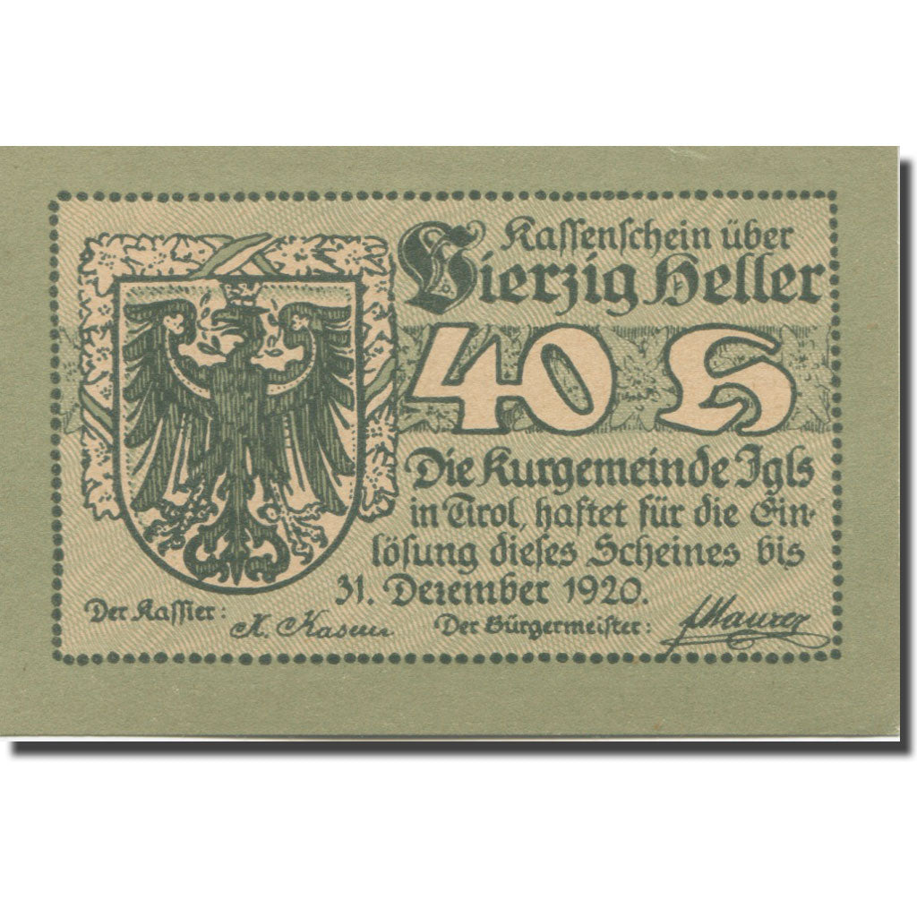 Banknote, Austria, Igls, 40 Heller, montagne 1920-12-31, UNC(63), Mehl:FS 403