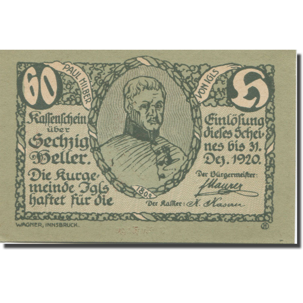 Banconote, Austria, Igls, 60 Heller, portrait 1920-12-31, SPL Mehl:FS 403ssd