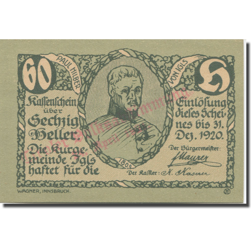 Banknote, Austria, Igls, 60 Heller, portrait 1, 1920 UNC(65-70) Mehl:FS 403