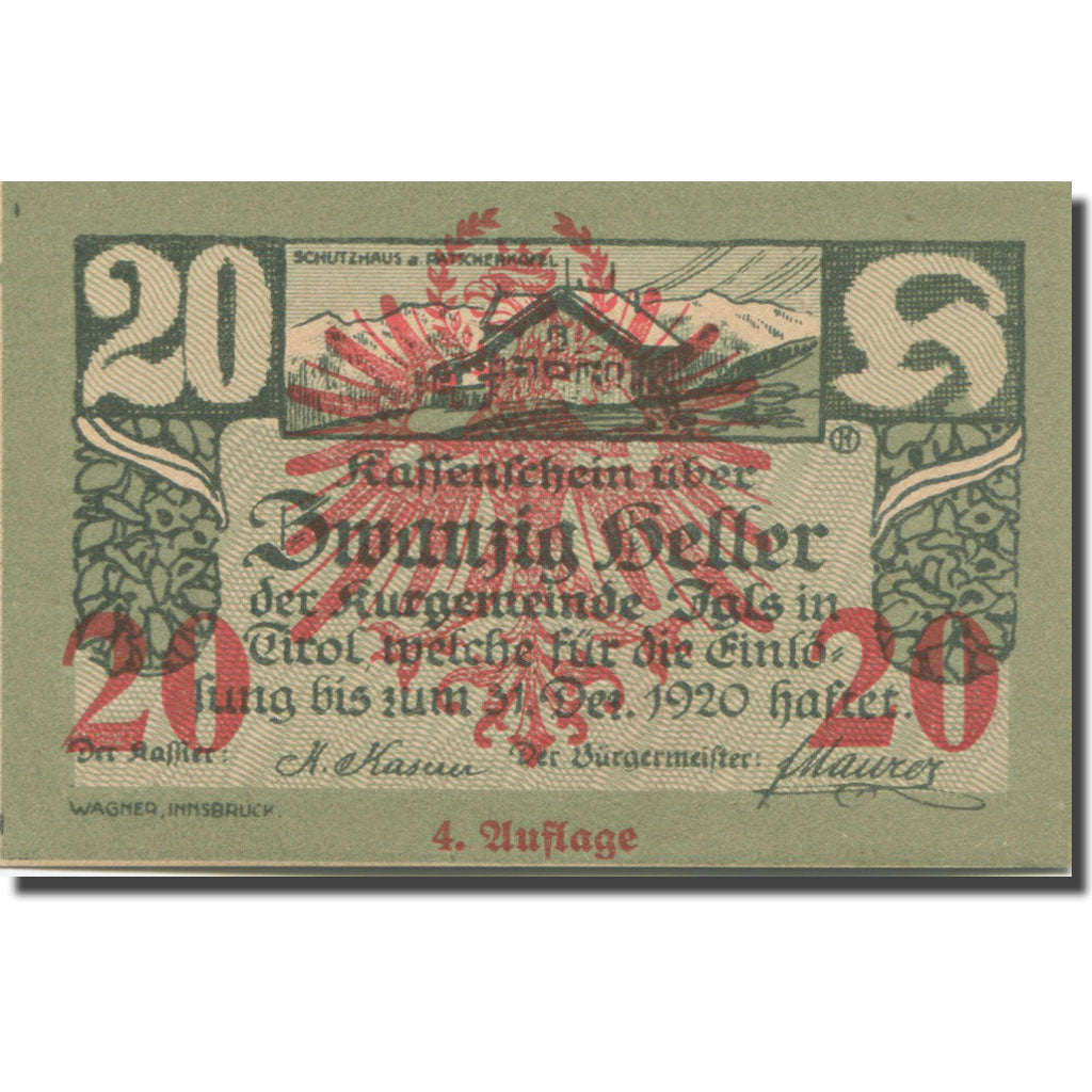 Banknote, Austria, Igls, 20 Heller, paysage, 1920 UNC(65-70) Mehl:FS 403ssc