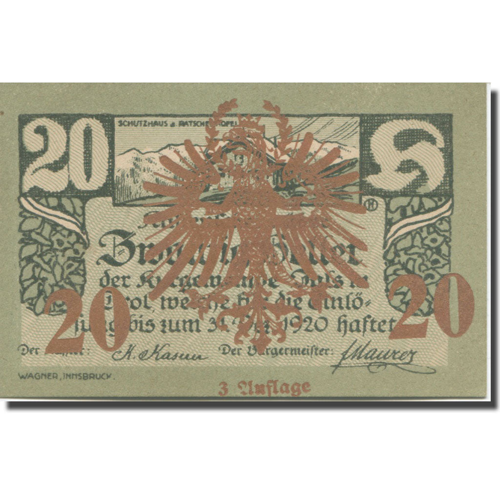 Banknote, Austria, Igls, 20 Heller, montagne, 1920 UNC(65-70)  Mehl:FS 403ssc
