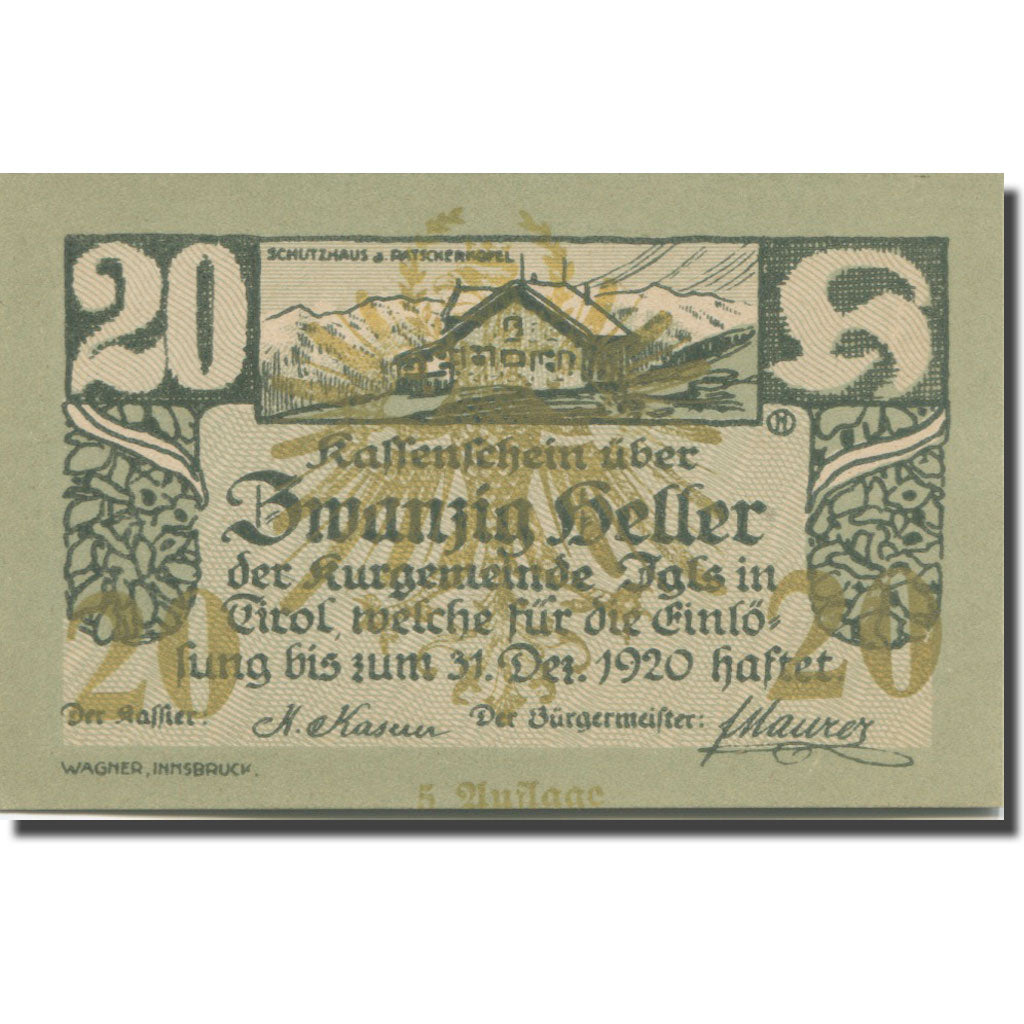 Banknote, Austria, Igls, 20 Heller, village, 1920 UNC(65-70) Mehl:FS 403sse