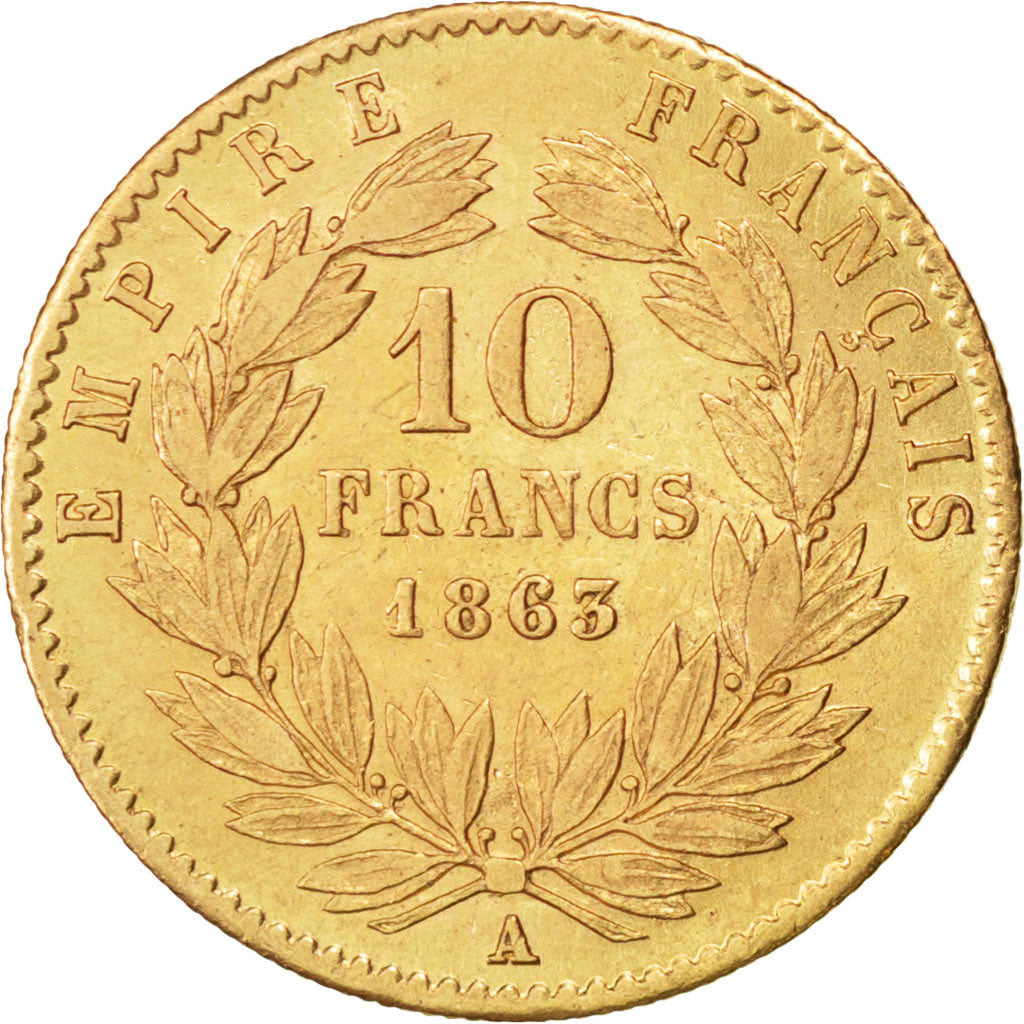Francia, Napoleon III, Napoléon III, 10 Francs, 1863, Paris, BB+, Oro, KM:80...