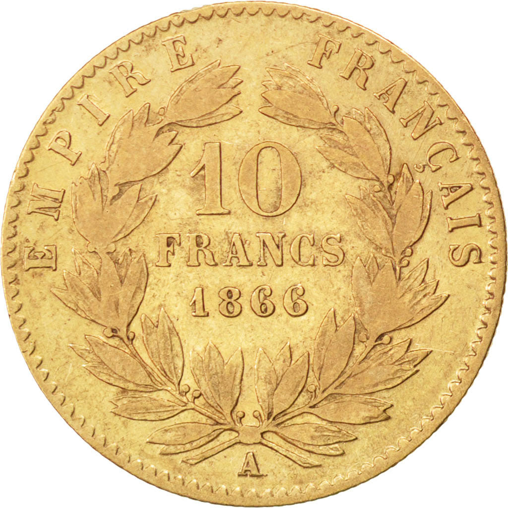 FRANCE, Napoléon III, 10 Francs, 1866, Paris, KM #800.1, VF(20-25), Gold, Gadour