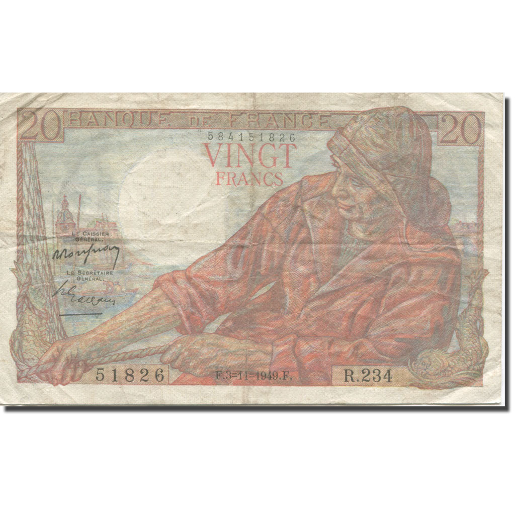 Francia, 20 Francs, Pêcheur, 1942, 1949-11-03, MBC, Fayette:13.16, KM:100c