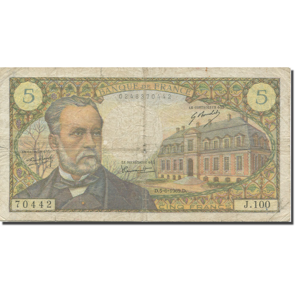 France, 5 Francs, Pasteur, 1969, 1969-06-05, VF(20-25), Fayette:61.10, KM:146b