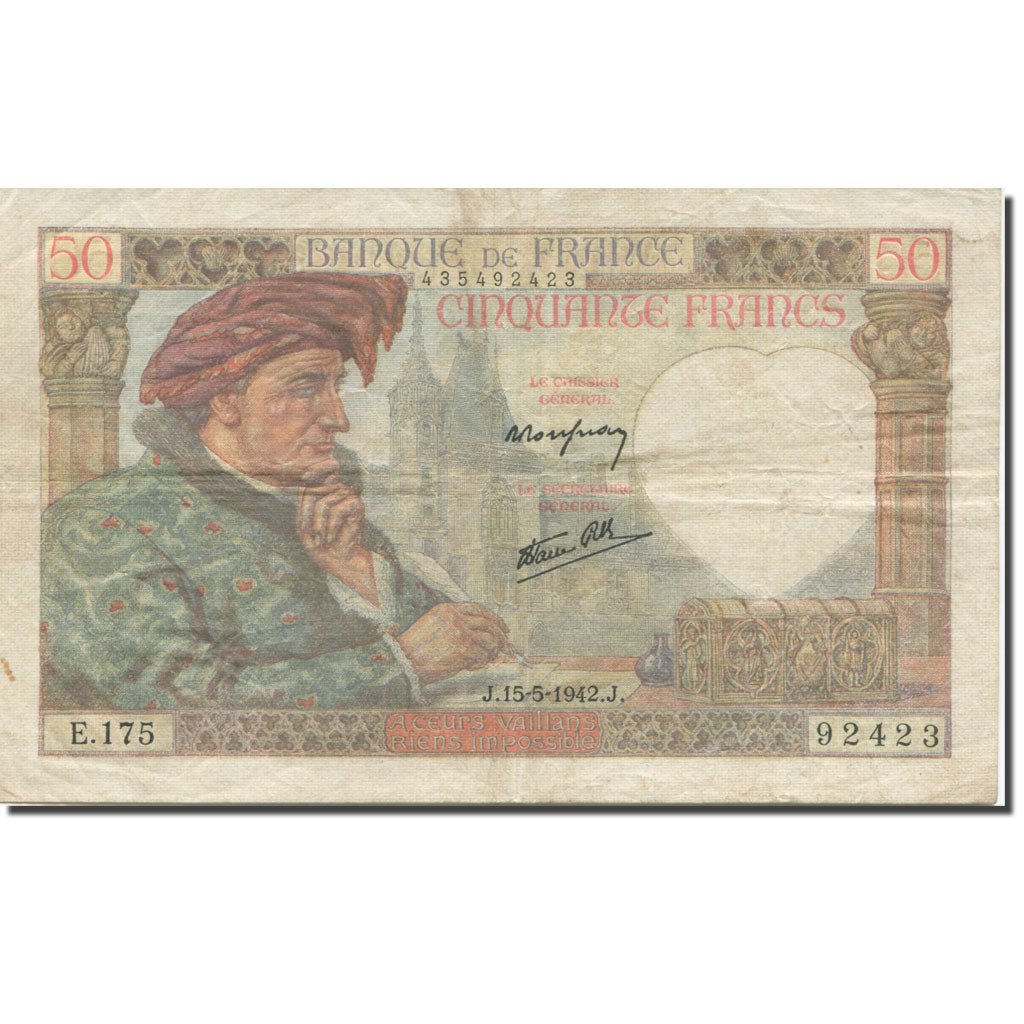 Frankrijk, 50 Francs, Jacques Coeur, 1942, 1942-05-15, TTB, Fayette:19.20, KM:93