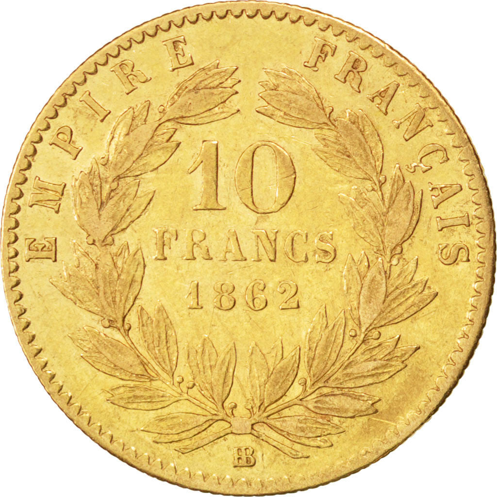FRANCE, Napoléon III, 10 Francs, 1862, Strasbourg, KM #800.2, EF(40-45), Gold, G