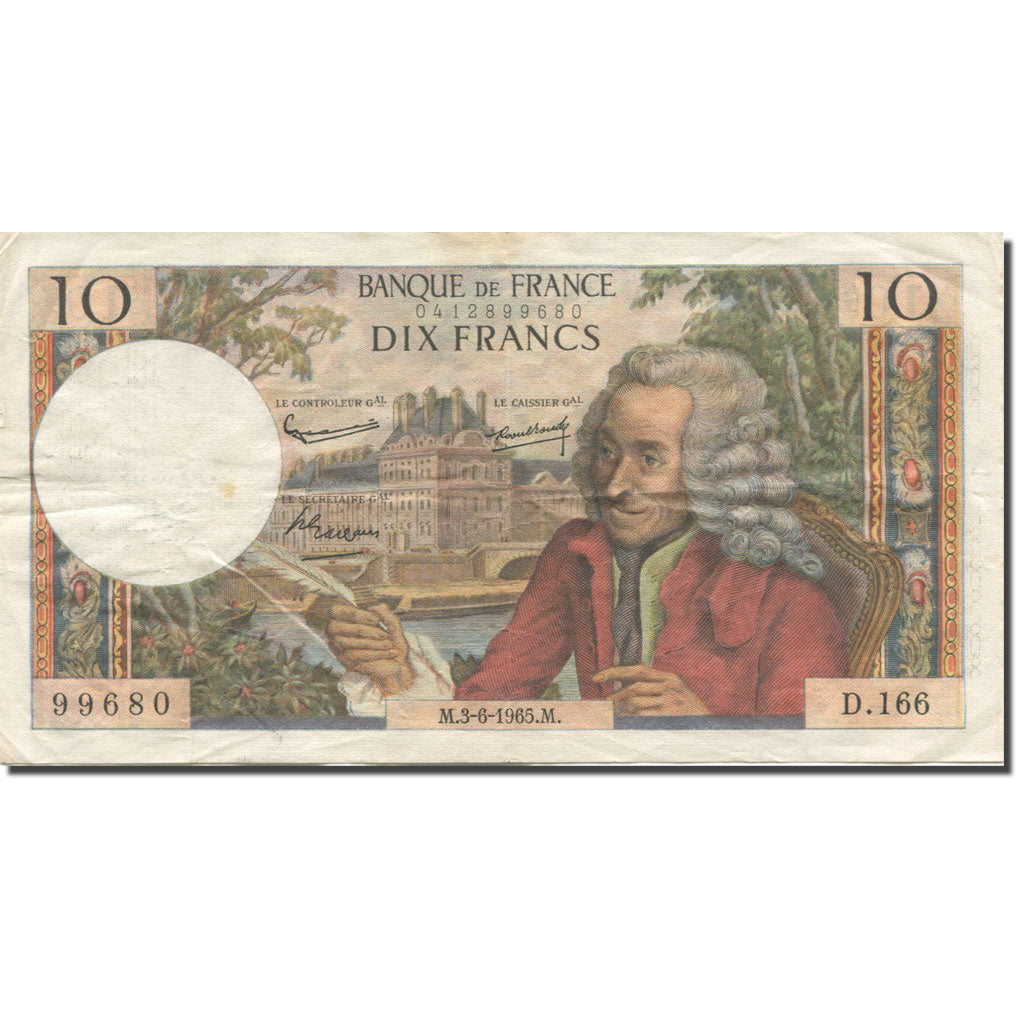 France, 10 Francs, Voltaire, 1965, 1965-06-03, VF(30-35), Fayette:62.15, KM:147a
