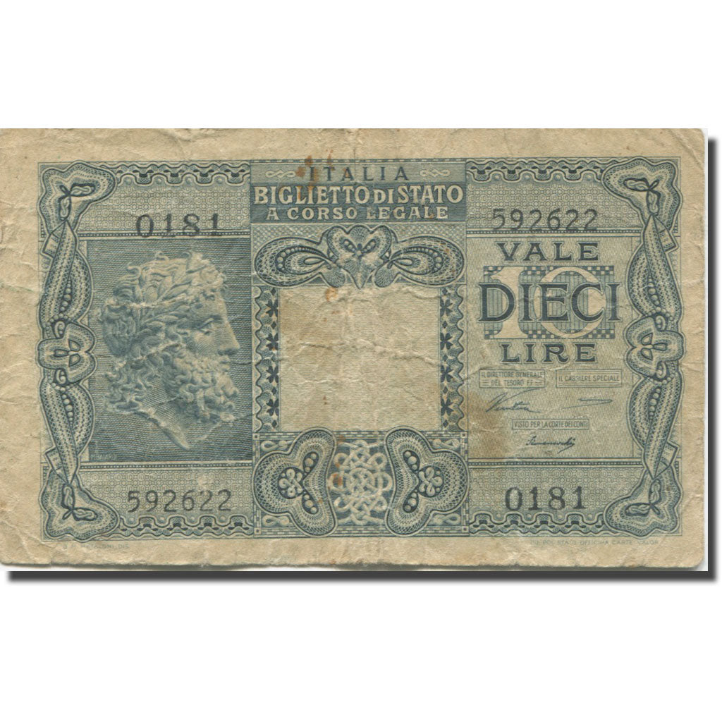 Banknote, Italy, 10 Lire, 1944, 1944, KM:32a, VF(20-25)