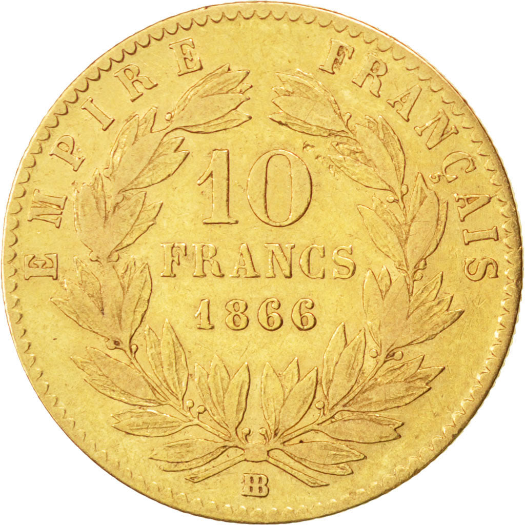 FRANCE, Napoléon III, 10 Francs, 1866, Strasbourg, KM #800.2, EF(40-45), Gold, G