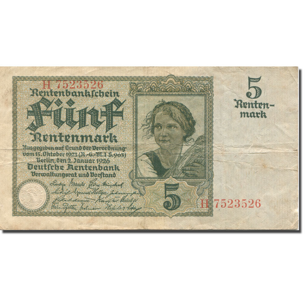 Banknote, Germany, 5 Rentenmark, 1925-1926, 1926-01-02, KM:169, EF(40-45)