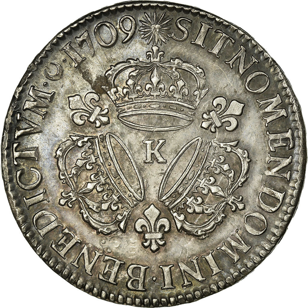 FRANCE, Écu aux 3 couronnes, ECU, 1709, Bordeaux, KM #386.9, AU(50-53), Silver, 