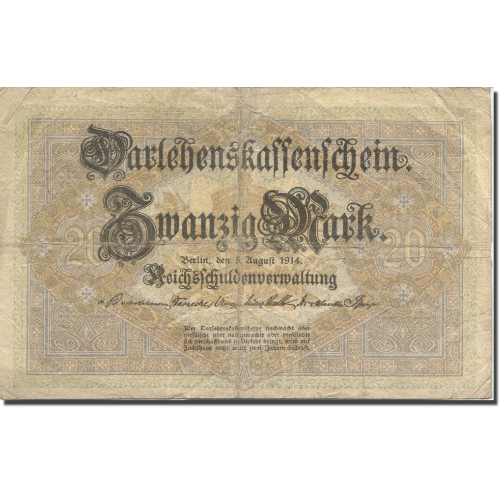 Banknote, Germany, 20 Mark, 1914, 1914-08-05, KM:48b, VF(20-25)